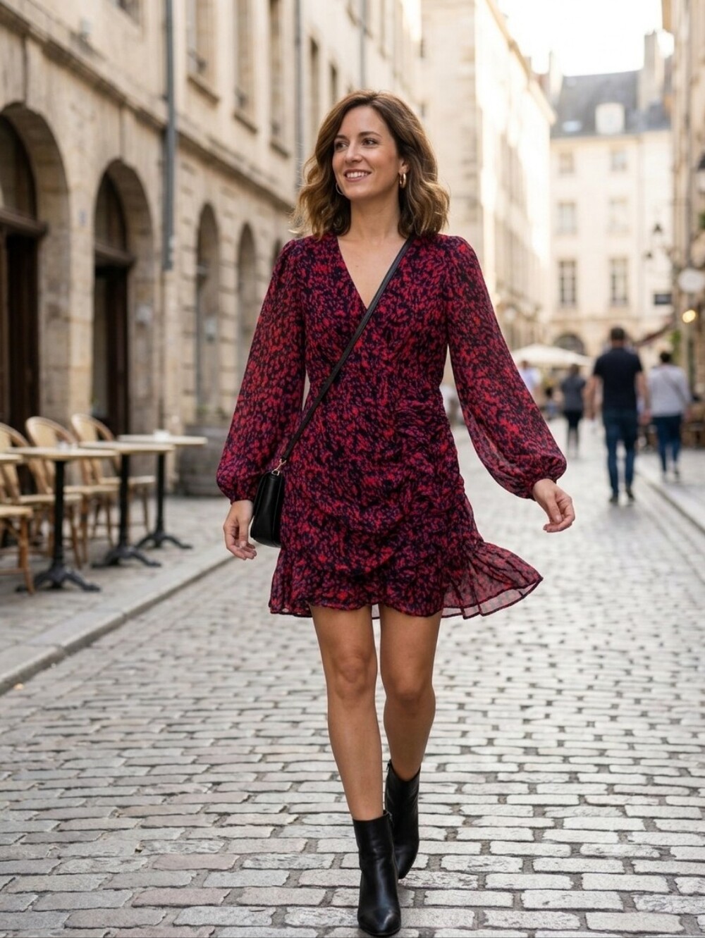 Express Red, Purple & Black Abstract Ruffle Dress